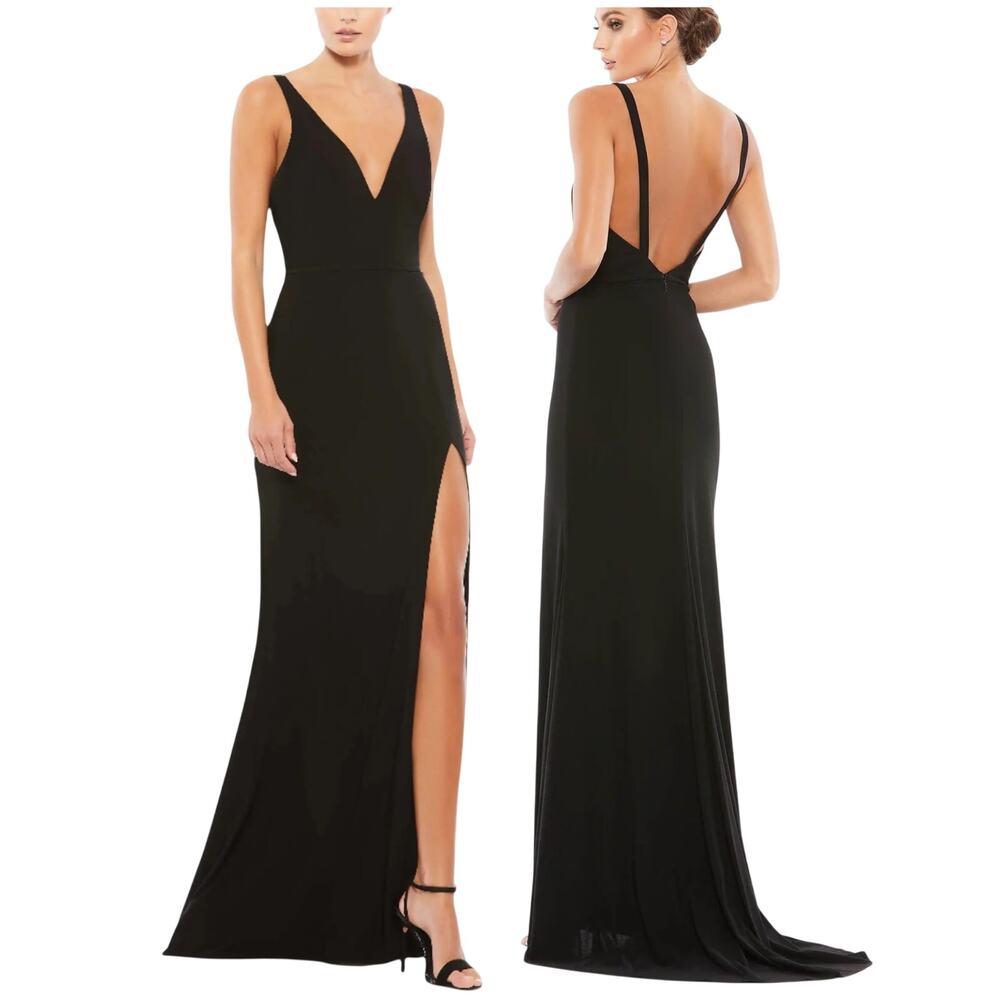 Mac Duggal NWT Plunge Neck High Slit Gown Size 16 Sleeveless V-Neck Black Train